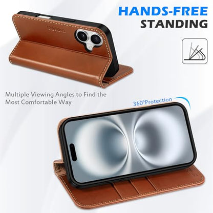 SHIELDON Genuine Leather Case Wallet for iPhone 16 Plus 6.7", Retro Brown | Genuine Leather, Folio Magnetic Closure, RFID Blocking, Credit Card Holder, Kickstand, Soft Shock Absorbing Protective Cover - color: Retro Brown