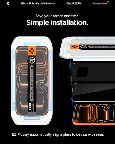 Spigen Screen Protector for iPhone 17 Pro Max, 16 Pro Max | GlasTR EZ Fit, AluminaCore Aluminum-enhanced 10H+ tempered glass, Auto-align tray, 100% clarity, Case-friendly, 2 Pack - size: iPhone 17 Pro Max / iPhone 16 Pro Max