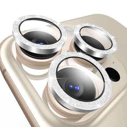 TENOC Camera Lens Protector for iPhone 16 Pro & 16 Pro Max, Silver Glitter - size: iPhone 16 Pro/16 Pro Max