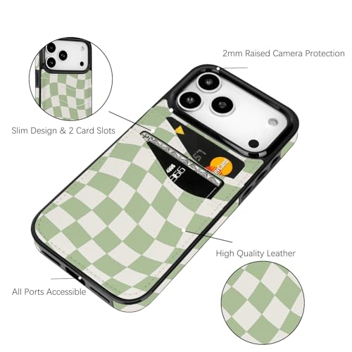Compatible with iPhone 17 Pro Wallet Case (Green Checkerboard) | with 2 Card Holder PU Leather Slot Shockproof Soft TPU Cover for Women Girls Cute Case - color: Green Checkerboard, size: iPhone 17 Pro 6.3 inch