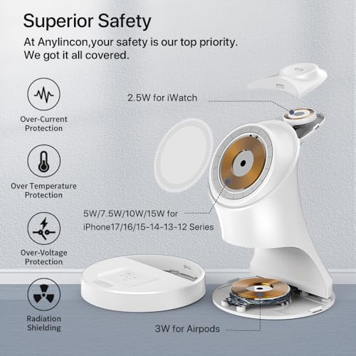 Wireless Charger,3 in 1 Magnetic Wireless Charger Stand, Fast Wireless Charging Dock for iPhone17/16/15/14/13/12 Series, Apple Watch Series, AirPods Pro. - color: White