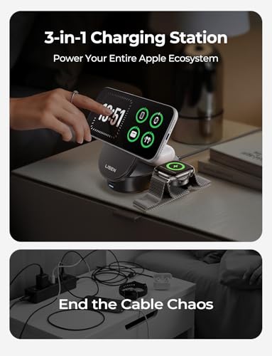 LISEN QI2.2 25W MagSafe Wireless Charger for iPhone 18 Pro Max, Qi2 25W 3 in 1 Charging Station Apple Stand for iPhone 18/17/16/15/14/13 Pro Max, Apple Watch&AirPods, Travel Portable with 45W Adapter