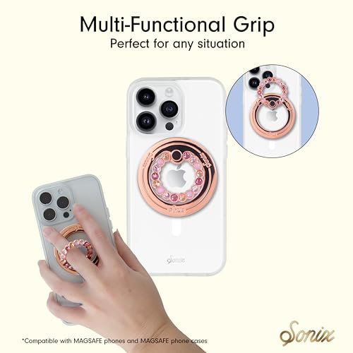 Sonix Magnetic Phone Grip and Phone Ring Holder - Compatible with MagSafe - Rotatable Kickstand and Phone Holder for iPhone 16, 15, 14, 13, 12 Series - Rose Gold/Multi Rhinestone - color: Rose Gold / Multi Rhinestone