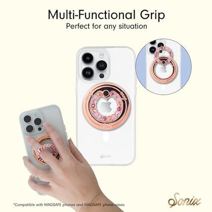 Sonix Magnetic Phone Grip and Phone Ring Holder - Compatible with MagSafe - Rotatable Kickstand and Phone Holder for iPhone 16, 15, 14, 13, 12 Series - Rose Gold/Multi Rhinestone - color: Rose Gold / Multi Rhinestone
