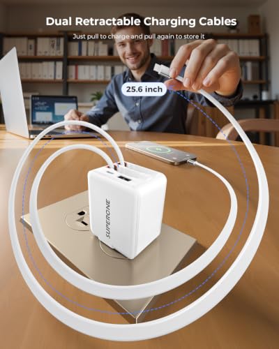 SUPERONE 84W Retractable Charger, 4-in-1 Wall Charger with Dual Cables - color: White