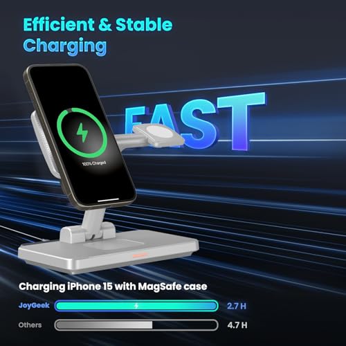 Magnetic 3 in 1 Wireless Station Foldable: JoyGeek MagSafe Charging Stand for iPhone 17 Air 16 Pro 15 Max, Apple Watch SE 2, AirPods Pro 3 (Gray) - color: Silver