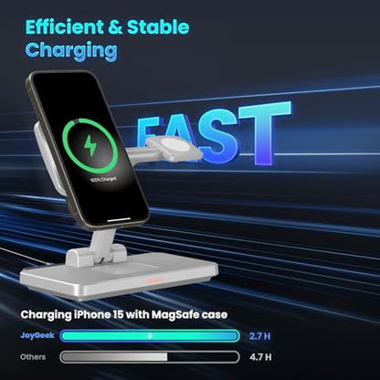Magnetic 3 in 1 Wireless Station Foldable: JoyGeek MagSafe Charging Stand for iPhone 17 Air 16 Pro 15 Max, Apple Watch SE 2, AirPods Pro 3 (Gray) - color: Silver