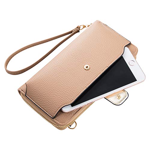 K . A Womens Wristlet Wallet Crossbody Bag Cellphone Purse Handbag RFID Card Slots 2 Strap Wrist - color: Almond