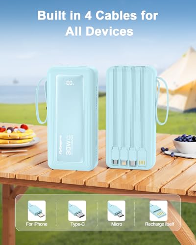 Portable Charger with Built-in Cables, 27000mAh Slim 30W Fast Charging Power Bank with LED Display, USB C Battery Pack 6 Outputs & 2 Inputs, Travel Essential Charger for iPhone, Samsung, Google etc - color: Sky Blue