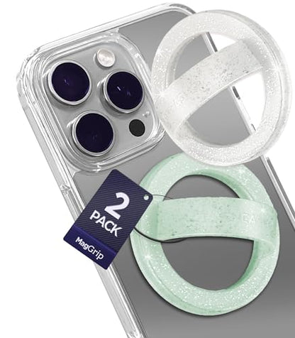 2-Pack Magnetic Phone Grip Holders Compatible with MagSafe, Soft-Touch Silicone Finger Loops for iPhone, Comfortable and Secure Fit (Clear Sparkle & Green Glitter) - color: Mint Glitter
