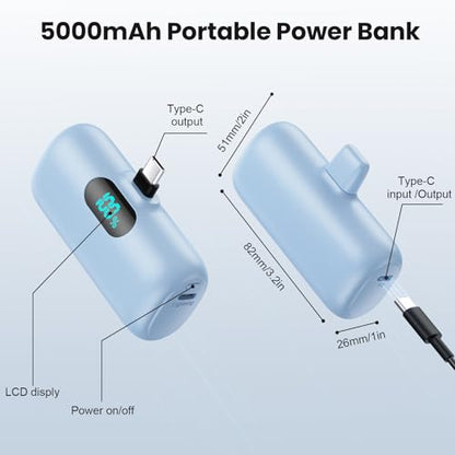 Mini Portable Charger USB C Power Bank,Upgraded 5000mAh PD Fast Charging Battery Pack Built-in USB-C Connector Travel Essential for iPhone17/17Pro/17Pro Max/Air/16 Plus/16Pro Max/15 Series,Android etc - color: Light Blue
