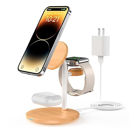 3 in 1 Magnetic Wireless Charging Station for Apple Devices,15W for Magsafe - color: Yellow Woodgrain