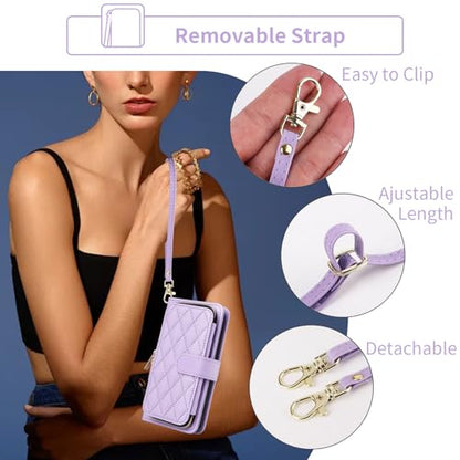 Argyle Wallet Case for iPhone 13 Pro Max 2021 6.7 inch with Wrist Strap Shoulder Strap 9+ Card Slots Phone Zipper Purse Cover for iPhone13promax 5G i Phone13Max Plus iPhone13 ProMax Purple | Wrist/Shoulder Strap, 9+ Card Slots, Zipper Purse, Phone Cover,