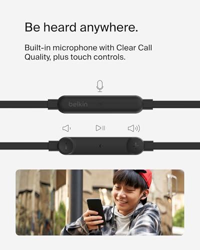 Belkin USB-C Wired Earbuds, Adjustable Volume Limiter, IPX5 - color: Black, size: One Size, style: USB-C + Volume Control