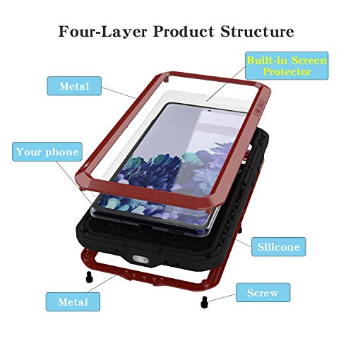 LOVE MEI Military Rugged Case for Samsung Galaxy S20 FE 5G, with Glass Screen Protector, Shockproof Dustproof Scratch Proof Hybrid Alloy and Silicone Gel Heavy Duty Full Body Cover Red - color: Red