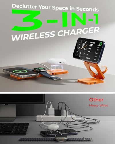 3 in 1 Charging Station for Apple - Qi2.2 25W Magnetic Wireless Charger for iPhone 18/17/16-12, Apple Watch, AirPods, Travel Fast Charging Foldable Stand with 45W GaN Adapter, Aluminum Alloy Design - color: Orange
