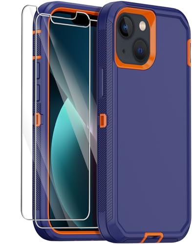 for iPhone 13 Case with 2 Screen Protector,Shockproof Drop Protection Full Body Heavy Duty 3 Layer Military Rugged Durable Phone Cover for Apple iPhone 13 6.1" (Dark Blue/Orange) - color: Dark Blue/Orange