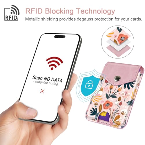 Self Adhesive Card Holders for Back of Phone, Premium Leather RFID Phone Wallet Pockets with Snap, Card Holders Sleeve for Phone Case, Pink Flower - color: Pink Flower