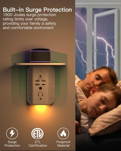 Mifaso Outlet Extender with Shelf and Night Light, 1800J Surge Protector - color: White, size: 1C3A