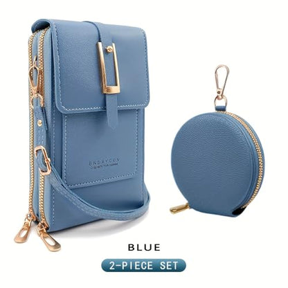 2-Piece Touchscreen Phone Crossbody Bag, Faux Leather Mini Purse with Detachable Coin Pouch - color: Blue