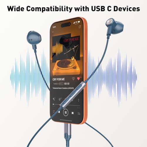 USB C Headphones Magnetic Wired Earbuds with Mic for Apple/Samsung Android - color: Lake Blue