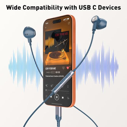USB C Headphones Magnetic Wired Earbuds with Mic for Apple/Samsung Android - color: Lake Blue