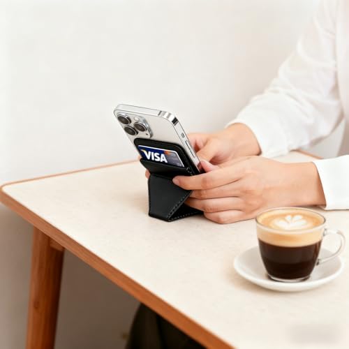 Magnetic Wallet for MagSafe with Stand, RFID Blocking, 2 Card Holder, Slim Leather, Compatible with iPhone 17 16 15 14 13 12 Series - color: black small support