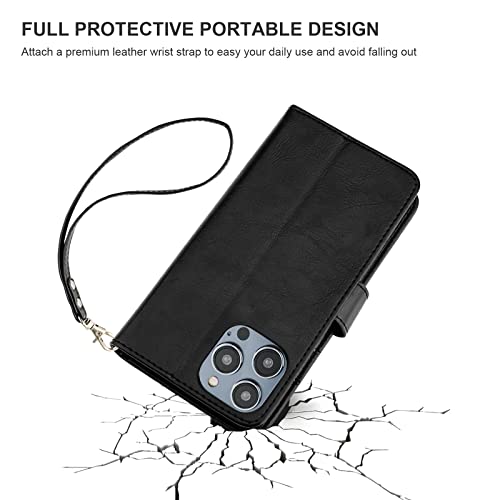 Bocasal Detachable Wallet Case Card Holder for iPhone 14 Pro, Black | RFID Blocking Kickstand Card Slots Holder PU Leather Magnetic Shockproof Wrist Strap Removable Flip Protective Cover 6.1 inch - color: Black