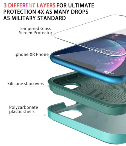 Diverbox for iPhone XR Case [Tempered Glass Screen Protector] [Shockproof] [Dropproof] Heavy Duty Protection Phone Case Cover for Apple iPhone XR (Teal) - color: Teal-2in1
