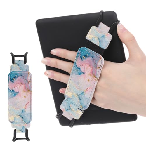 Secure Hand Strap for 6-7.5" Kindle and Tablets, Versatile Lightweight Faux Leather E-Book Grip Holder, Heavy-Duty E-Book Accessories for Reading Lover Gift (Pink Blue Marble) - color: Pink Blue Marble