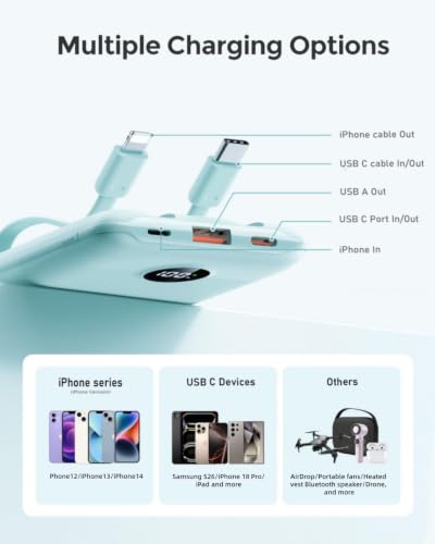 Mini Portable Charger with Built-in Cables 20W Fast Charging Power Bank USB-C Small Battery Pack 10000mAh Travel Essential Slim Battery for iPhone 17/16/15/14, Samsung 25/24, and More - color: Blue