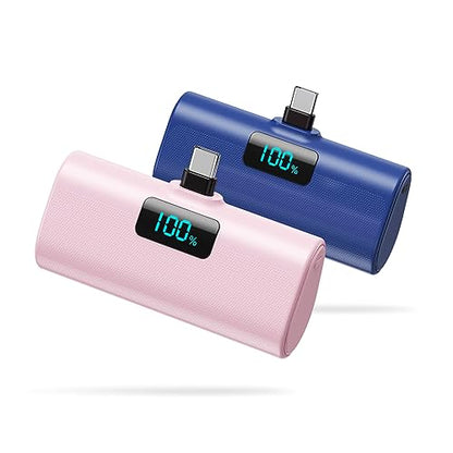 [2-Pack]Portable Charger for iPhone 16/15 Series,5200mAh PD USB C Power Bank Built-in USB-C Connector,Battery Pack Compatible with iPhone 16/16 Plus/16 Pro/16 Pro Max/15 Series,Android (Pink+Blue) - color: Pink+Blue