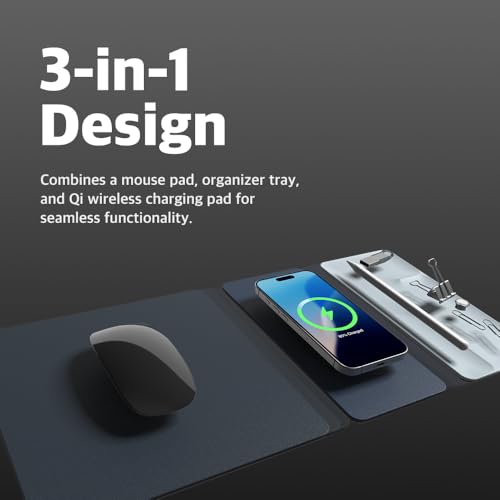 POUT H3 Split Max 3-in-1 Wireless Charging Mouse Pad – Fast Qi Charger, Mousepad Mat, and Magnetic Tray Organizer – Compatible with Smartphones and Earbuds (Pacific Blue)