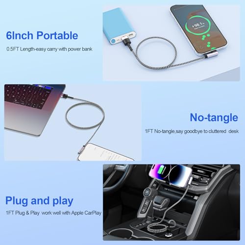 3Pack Right Angle Short iPhone Charge Cable, 90 Degree Apple USB A to Lightning Cable 15cm+30cm+30cm, Nylon Braided Sync Data Charger Cable, Fast Charge Cord for iPhone 14 13 12 11 Pro Max Xr 8 7 Plus