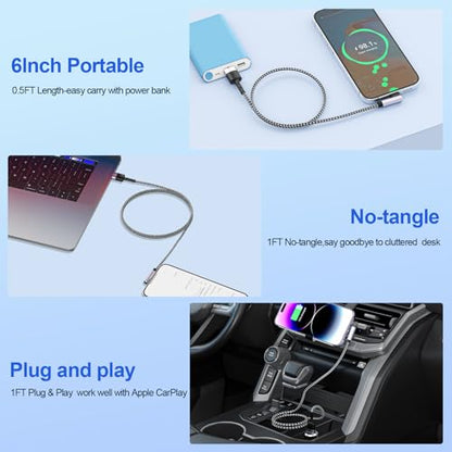 3Pack Right Angle Short iPhone Charge Cable, 90 Degree Apple USB A to Lightning Cable 15cm+30cm+30cm, Nylon Braided Sync Data Charger Cable, Fast Charge Cord for iPhone 14 13 12 11 Pro Max Xr 8 7 Plus