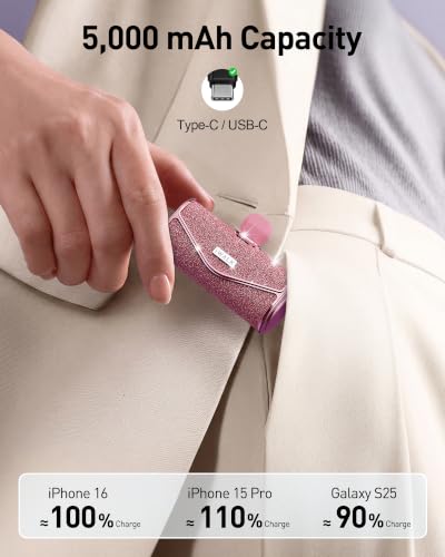 iWALK Upgraded Sparkly Portable Charger 22.5W, 5000mAh Power Bank for iPhone 18 Pro/17/16/15 Series, Mini Battery Pack with Built-in USB-C Connector Compatible with Samsung S25/24, iPad Pro/Air, Pink - color: Pink