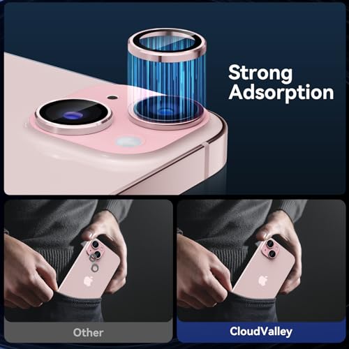 CloudValley for iPhone 15 Plus/iPhone 15 Camera Lens Protector, Ultra-HD Tempered Glass Camera Cover [Case-Friendly] Metal Individual Lens Screen Protective Ring, Pink - color: Pink