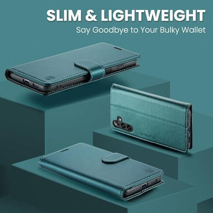 FLIPALM Wallet Case for Samsung Galaxy S25 Plus/S25+, Bluegreen | Card Holder, RFID Blocking, PU Leather Folio Flip, Kickstand, Protective Shockproof Cover - color: BlueGreen