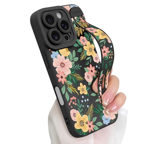 Cute Floral Flower Case for iPhone 16 Pro with Finger Hand Strap | Pattern Design Phone Case with Adjustable Wristband Kickstand, Soft Slim TPU Protective Cover for Women Girls, Black - color: Black Blossom, size: iPhone 16 Pro