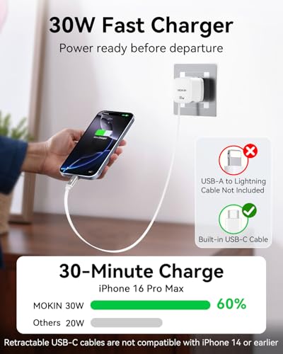 USB-C Charger Block, 30W Max GaN 2 Port Fast Charging w/Built-in Retractable C Cable & Foldable Plug, PD/PPS for iPhone 16Pro Max/16/Pixel 9 pro/Galaxy/iPad/MacBook,Compact Travel Charger - color: 30W*White