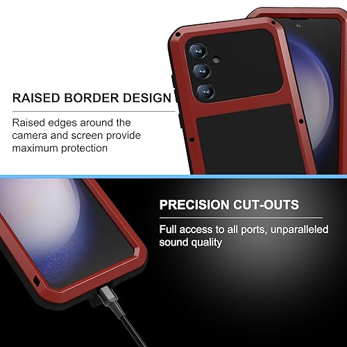 LOVE MEI Military Rugged Case for Samsung Galaxy S23 Fe, with Tempered Glass Screen Protector, Shockproof Dustproof Scratch Proof Hybrid Metal and Silicone Gel Heavy Duty Full Body Cover (Red) - color: Red