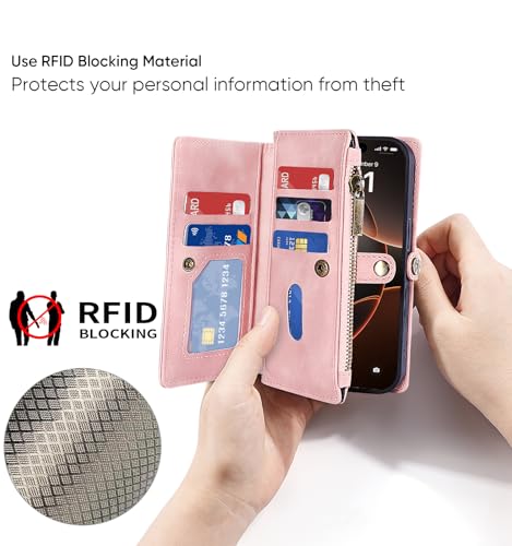 for iPhone 17 Pro Wallet Case, [Compatible with Magsafe] [Magnetic Detachable] [RFID Blocking] PU Leather Case with Card Holder & Crossbody Strap for Women Men, Pink - color: Pink