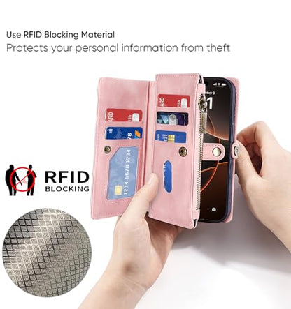 for iPhone 17 Pro Wallet Case, [Compatible with Magsafe] [Magnetic Detachable] [RFID Blocking] PU Leather Case with Card Holder & Crossbody Strap for Women Men, Pink - color: Pink