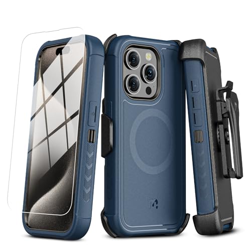 M MYBAT PRO Maverick Series Case for iPhone 15 Pro with Belt Clip Holster,[Compatible with Magsafe] w/Screen Protector,Anti-Drop,Shockproof,with 360°Rotating Kickstand,Heavy Duty Protection - color: Blue