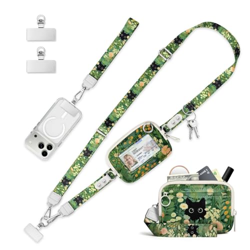 Clip and Go Strap for Phone with Wallet Crossbody Lanyard Leaf Cat - color: Cats Leaf