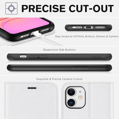 TUCCH Case Wallet for iPhone 11 (6.1") 2019, RFID Blocking Folio, White | 3 Card Holders, Kickstand, PU Leather, Magnetic Closure, Shockproof TPU Shell, Protective Flip Cover - color: White