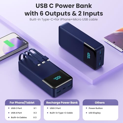 Portable Charger Power Bank 50800mAh,25W USB C Fast Charging Battery Pack with 3 Built in Cables & LED Display,6 Outputs 2 Inputs Travel Essentials Phone Charger for iPhone 18/17/16/15,Android,Blue - color: Blue