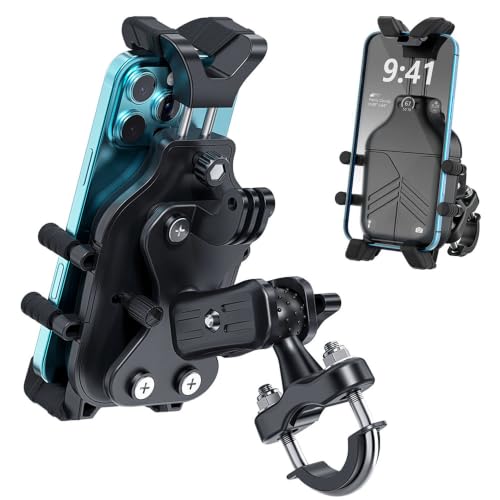 Motorcycle Phone Mount, Heavy Duty Bike Holder with 8-Claw Spider Lock & 4 Shock Absorbers - Anti-Vibration Dual Cushion, Dual Lock System, Action Camera Expansion, for 4.5-7.2" Cellphones