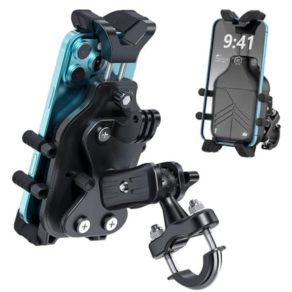 Motorcycle Phone Mount, Heavy Duty Bike Holder with 8-Claw Spider Lock & 4 Shock Absorbers - Anti-Vibration Dual Cushion, Dual Lock System, Action Camera Expansion, for 4.5-7.2" Cellphones