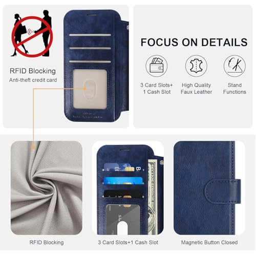 VANAVAGY Wallet Case for iPhone 11 6.1 inch, Navy Blue | 12ft Drop-proof Cover for Women Men, Silm PU Leather, RFID Blocking Card Holder, Wrist Strap, Screen Protector - color: Navy Blue